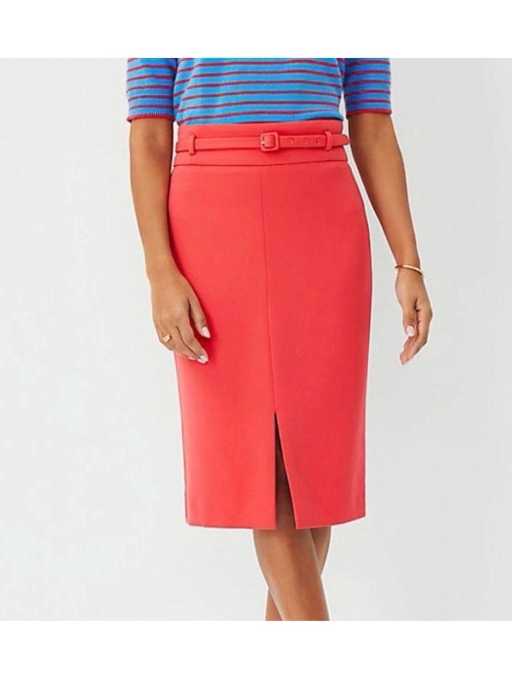 New Ann Taylor Womens The belted pencil midi skirt in coral red sz 2